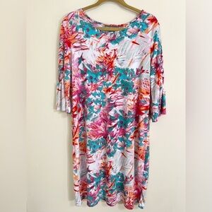 ALEXANDRA+OAK NWT Pink Coral Combo Printed Shift Dress 3/4 Gentle Bell Sleeve XL